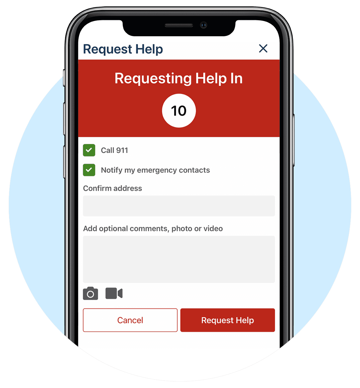Requesting help in the SAFESTATUS app with a countdown, 911 confirmation, and emergency contact notification